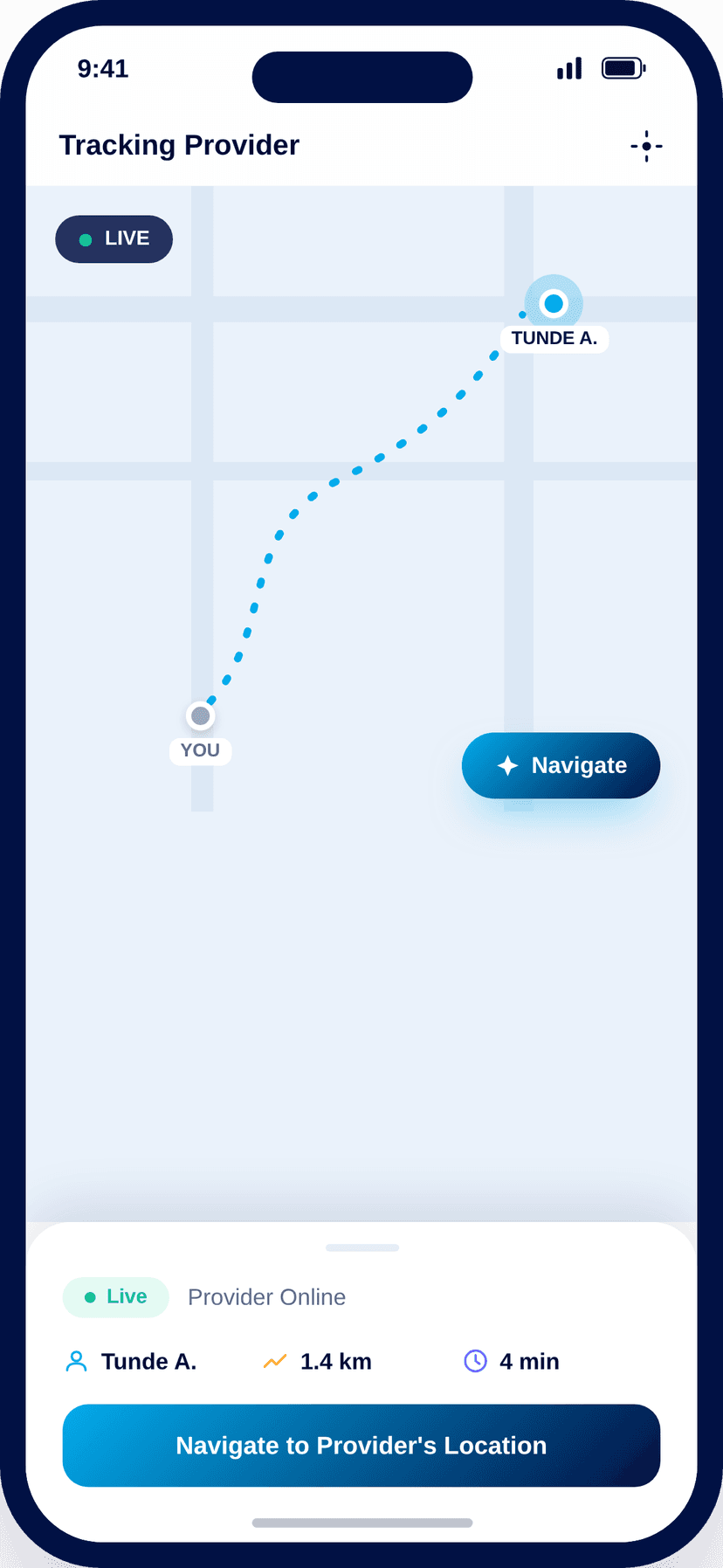 Live location tracking of a provider on the way to a job